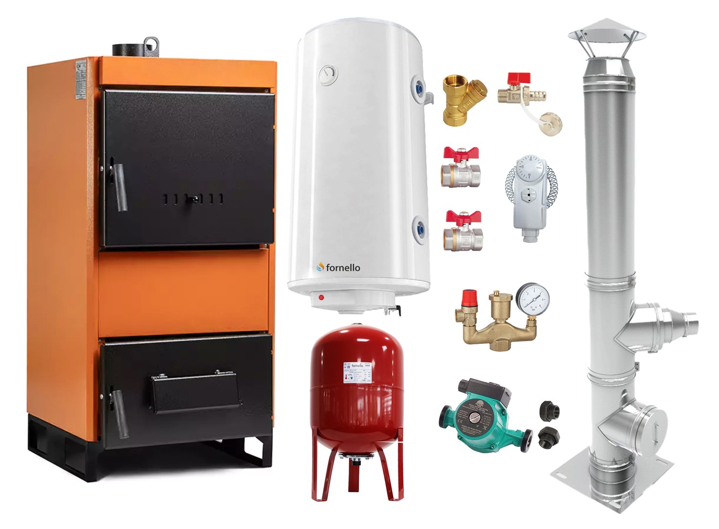 Pachet Centrala pe combustibil solid Fiama W 25 kW, Cos inox, Boiler Termoelectric, Vas Expansune, Pompa si Fitinguri Montaj