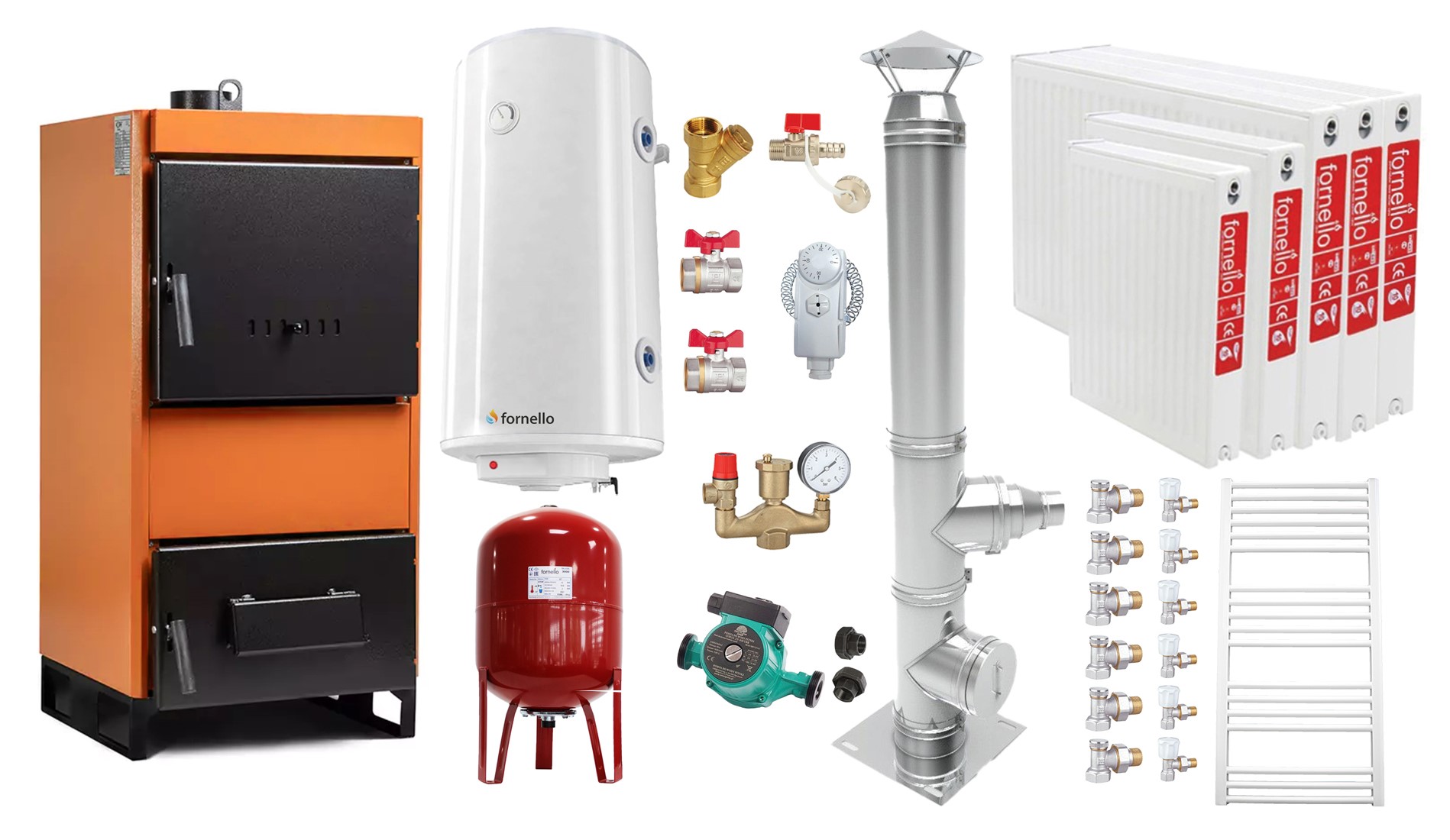 Pachet Centrala pe combustibil solid Fiama W 35 kW, Cos inox, Radiatoare Otel, Boiler Termoelectric, Vas Expansune, Pompa si Fitinguri Montaj