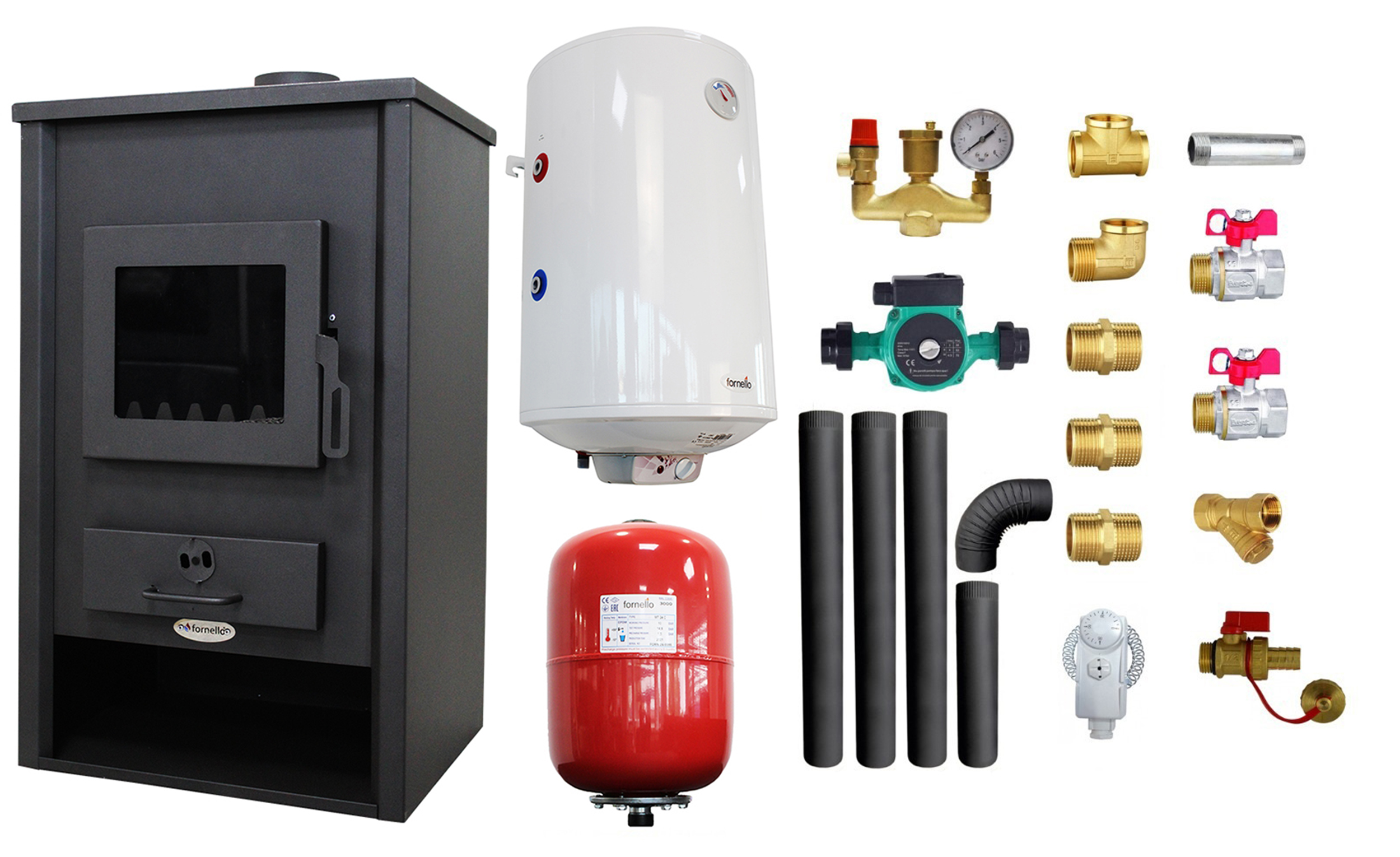 Pachet Termosemineu pe lemne, brichete si carbuni Fornello PADOVA E,  19.4 kW, 510x500x910 mm, boiler termoelectric 80l, vas expansiune, pompa circulare, kit evacuare si kit montaj