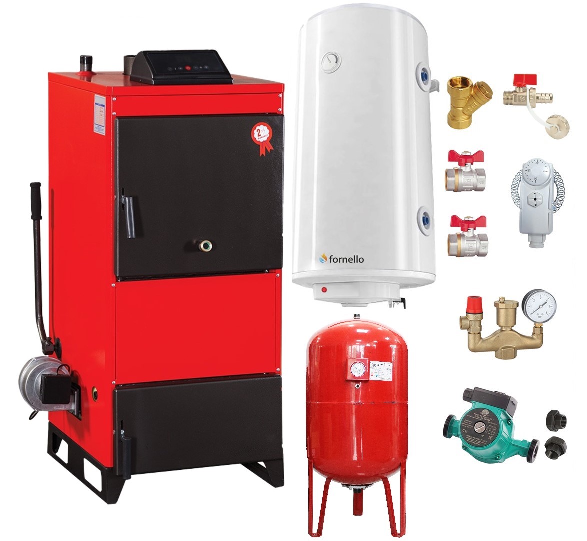 Pachet Centrala pe combustibil solid Fiama D2-40 Putere 46 kW, cu Ventilator si Automatizare, Boiler Termoelectric, Pompa, Vas Expansiune si Fitinguri