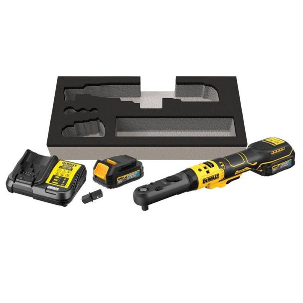 Masina de insurubat unghiulara DeWalt DCF510E2G, patrat 3/8"" si 1/2"", maxim 102 Nm, cu 2 acumulatori POWERSTACK 18V / 1.7Ah tip G si incarcator