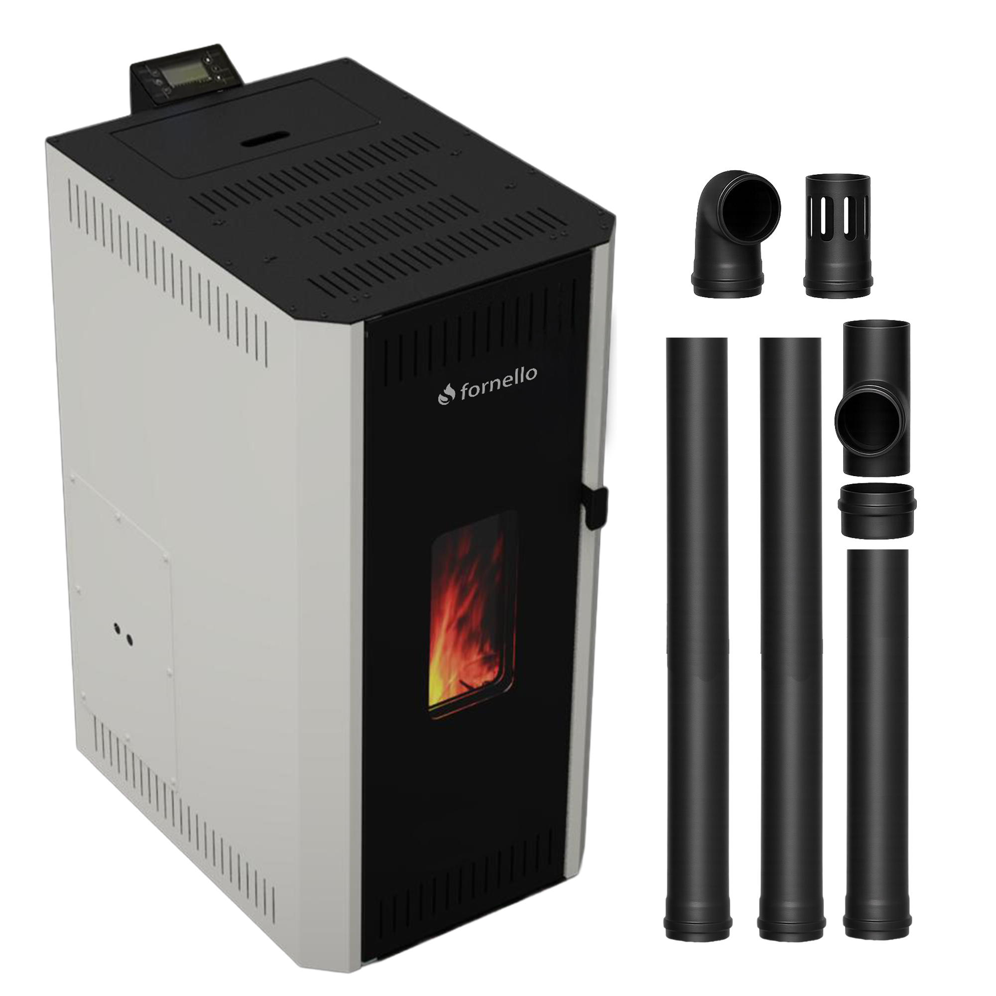 Pachet termosemineu pe peleti Fornello CALORE COMPACT 35 kW, pompa electronica, vas expansiune, arzator inox, grup de siguranta, kit evacuare 2.5 ml, sistem de curatare MECANICA a creuzetului si drumurilor de fum, culoare alb