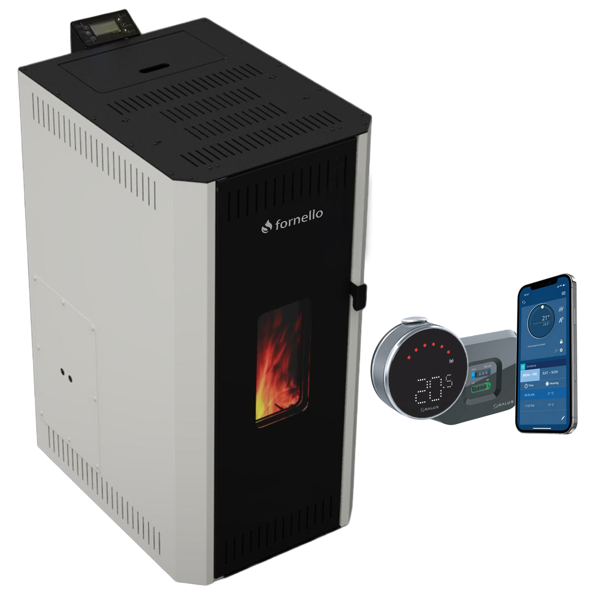 Pachet termosemineu pe peleti Fornello CALORE COMPACT 35 kW, pompa electronica, vas expansiune, arzator inox, grup de siguranta, termostat wifi salus IT 800, sistem de curatare MECANICA a creuzetului si drumurilor de fum, culoare alb