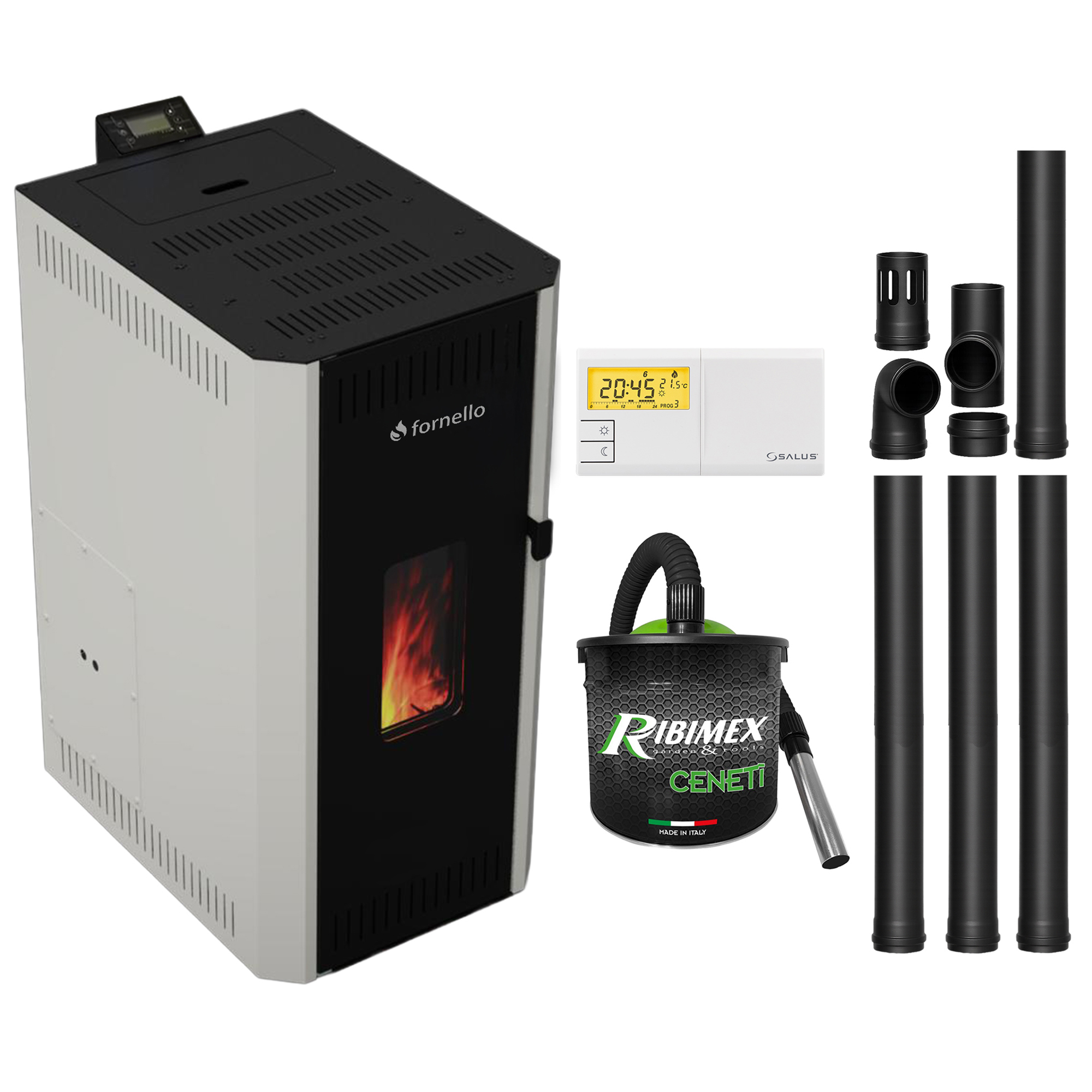 Pachet termosemineu pe peleti Fornello CALORE COMPACT 35 kW, pompa electronica, vas expansiune, arzator inox, grup de siguranta, kit evacuare, termostat Salus 091FLRFV2, aspiratior, sistem de curatare MECANICA a creuzetului si drumurilor de