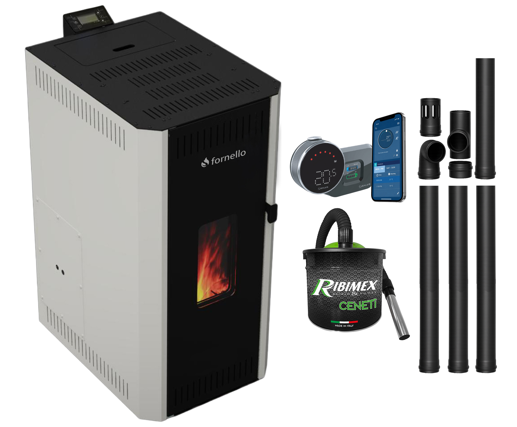 Pachet termosemineu pe peleti Fornello CALORE COMPACT 35 kW, pompa electronica, vas expansiune, arzator inox, grup de siguranta, kit evacuare, termostat Salus IT 800, aspiratior, sistem de curatare MECANICA a creuzetului si drumurilor de fu