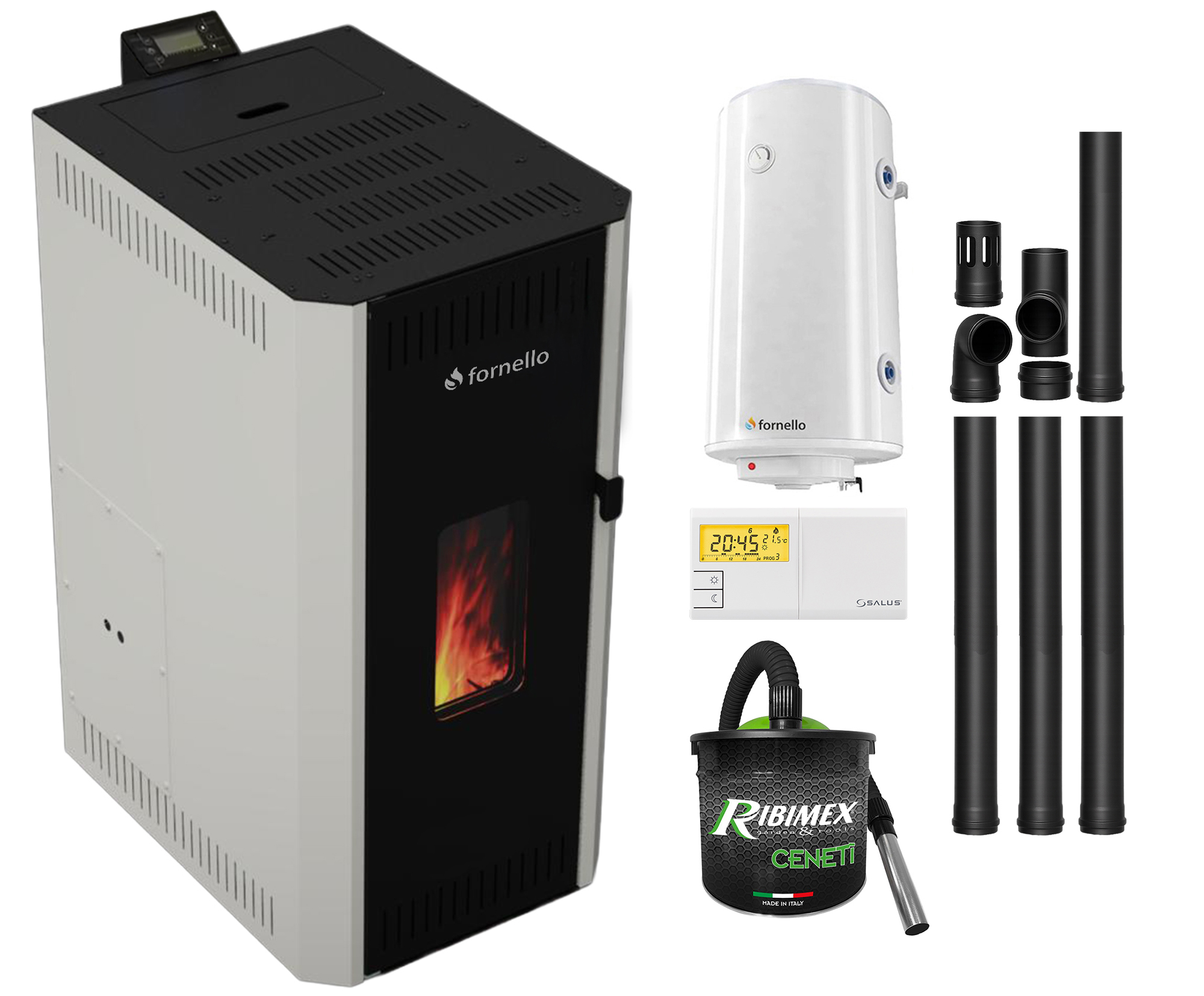 Pachet termosemineu pe peleti Fornello CALORE COMPACT 35 kW, pompa electronica, vas expansiune, arzator inox, grup de siguranta, kit evacuare, termostat Salus 091FLRFV2, aspiratior, boiler 100L, sistem curatare MECANICA creuzet si drumuri d
