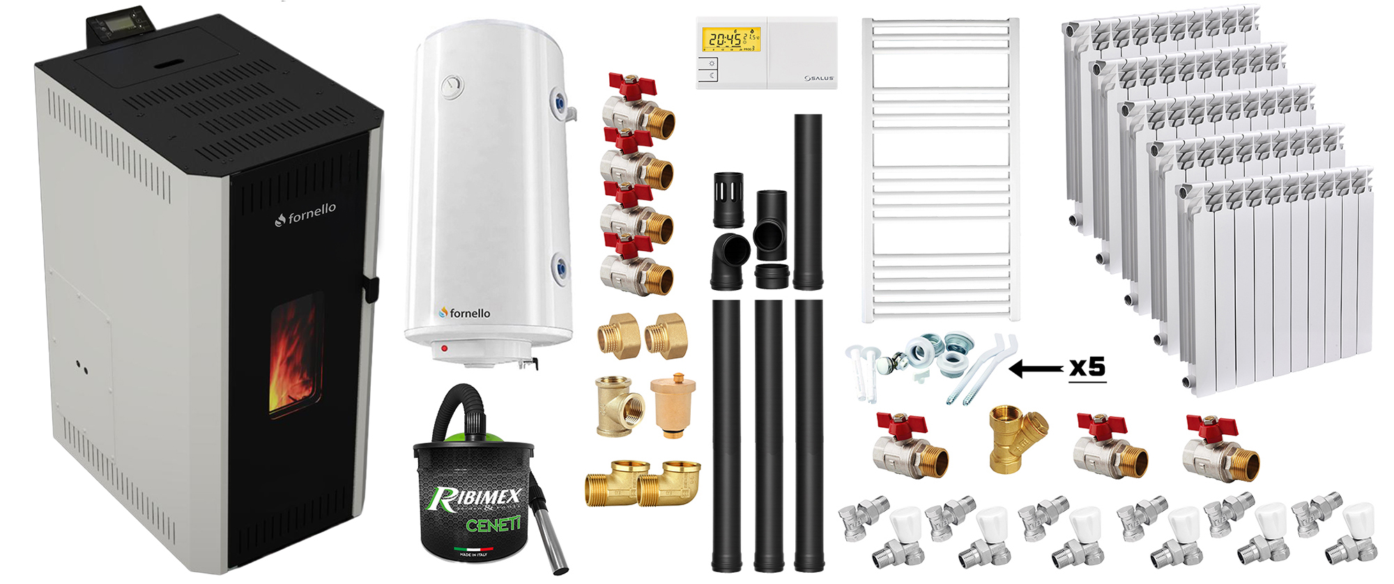 Pachet termosemineu pe peleti Fornello CALORE COMPACT 35 kW, pompa electronica, vas expansiune, arzator inox, grup de siguranta, kit evacuare 3.5 ml, termostat, aspiratior, boiler 100L, Radiatoare Aluminiu si Fitinguri montaj