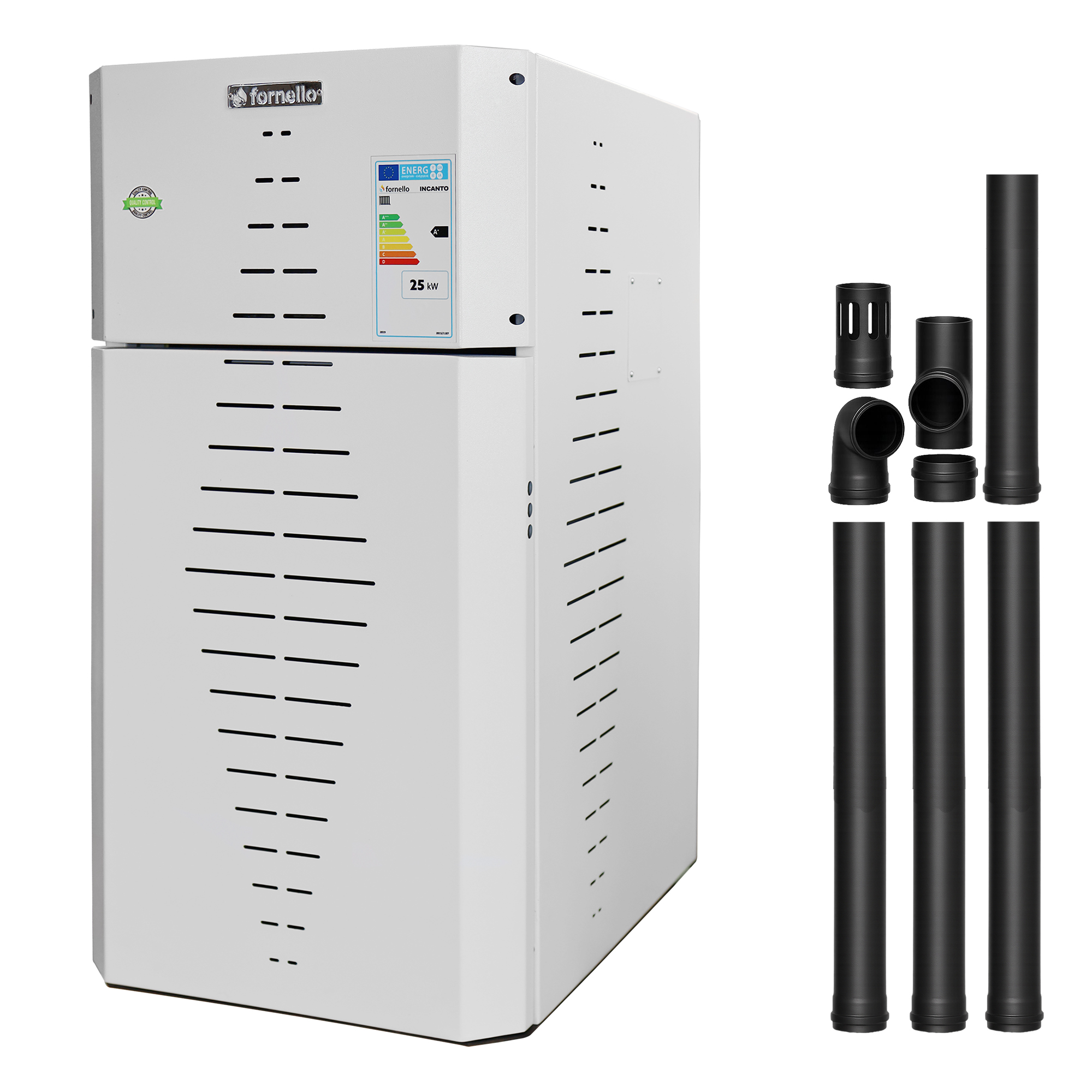 Pachet centrala pe peleti Fornello INCANTO COMPACT 35 kW, pompa electronica, vas expansiune, arzator inox, grup de siguranta, kit evacuare 3.5 ml, sistem de curatare MECANICA a creuzetului si drumurilor de fum, culoare alb