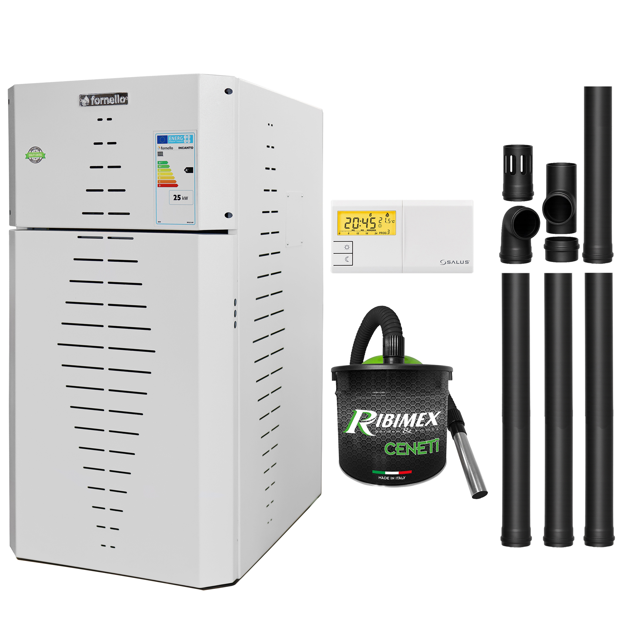 Pachet centrala pe peleti Fornello INCANTO COMPACT 35 kW, pompa electronica, vas expansiune, arzator inox, grup de siguranta, kit evacuare, termostat Salus 091FLRFV2, aspiratior, sistem de curatare MECANICA a creuzetului si drumurilor de fu