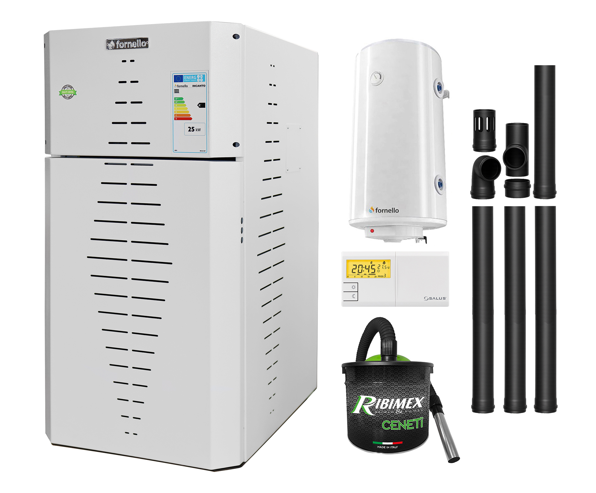Pachet centrala pe peleti Fornello INCANTO COMPACT 35 kW, pompa electronica, vas expansiune, arzator inox, grup de siguranta, kit evacuare, termostat Salus 091FLRFV2, aspiratior, boiler 100L, sistem de curatare MECANICA a creuzetului si dru