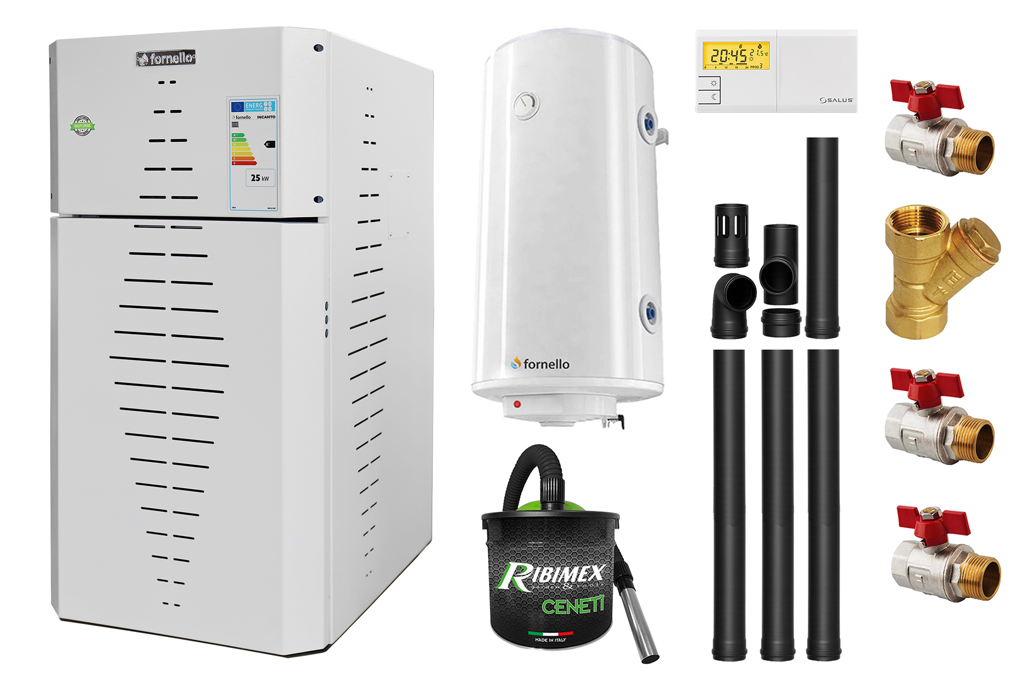 Pachet centrala pe peleti Fornello INCANTO COMPACT 35 kW, pompa electronica, vas expansiune, arzator inox, grup de siguranta, kit evacuare 3.5 ml, termostat, aspiratior, boiler 100L si Fitinguri montaj