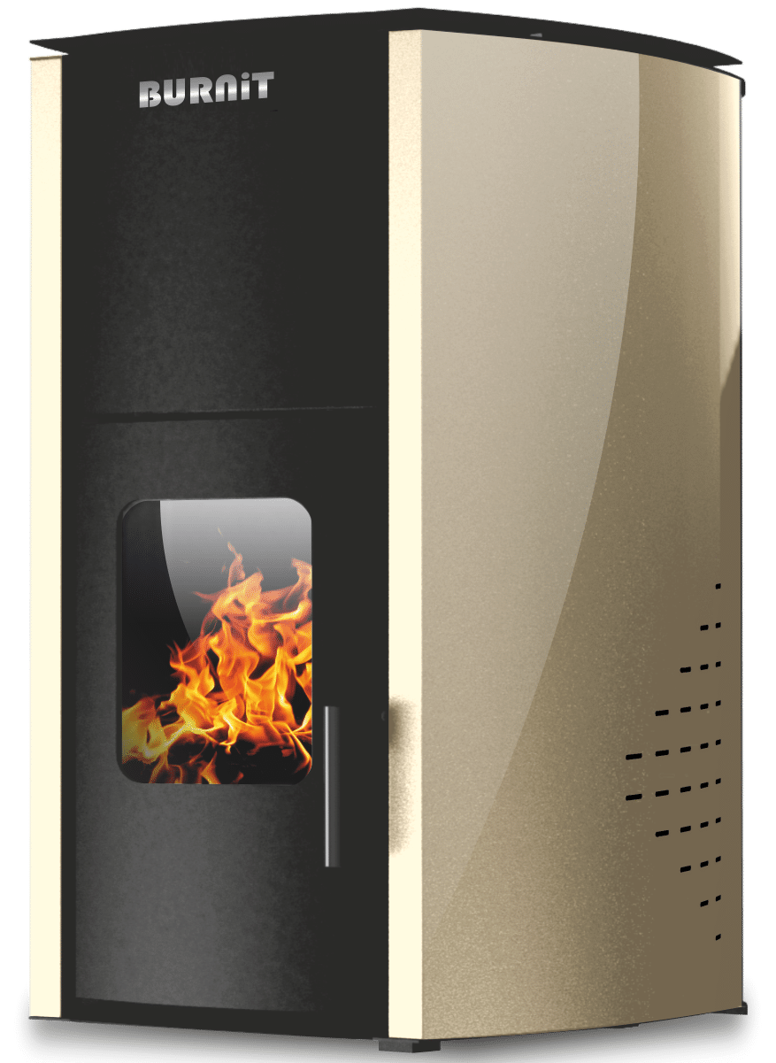 Termosemineu pe peleti Burnit Comfort 18 kw, complet echipat pentru incalzire, pompa, vas expansiune, automatizare, buncar peleti 15 kg,  tiraj fortat, culoare Crem, aprindere automata, pana la 120 mp