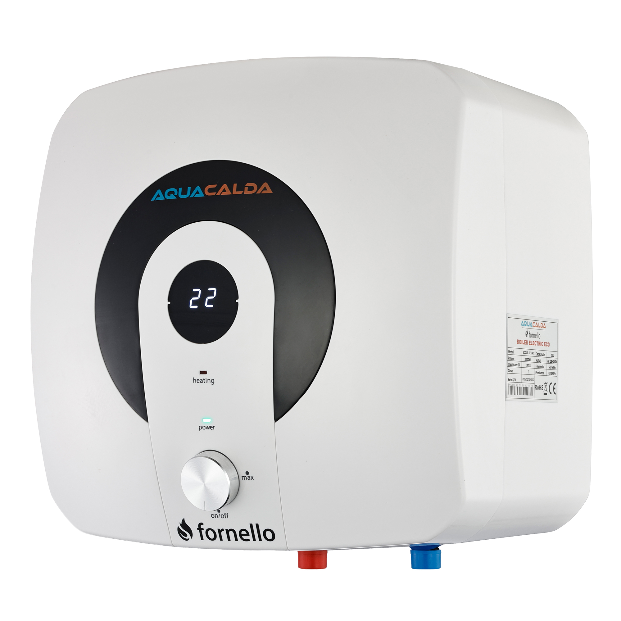 Boiler electric  Fornello AQUACALDA ECO, 6 Litri, montaj deasupra chiuvetei,  2000 watt, reglaj extern al temperaturii, poliuretan expandat, grad de protecție IPX4, dimensiuni compacte si afisaj digital