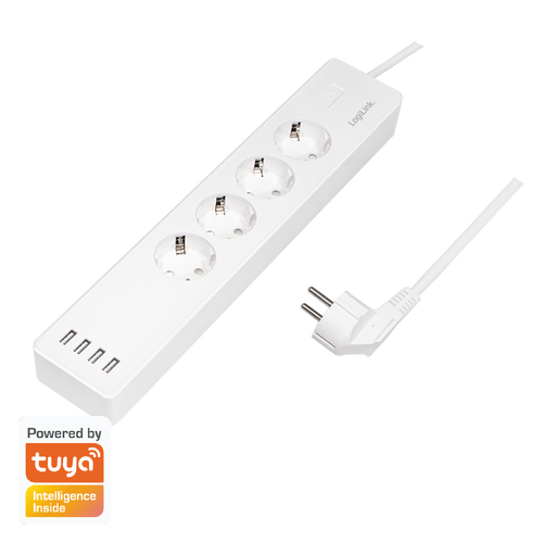 Prelungitor inteligent LogiLink SH0104, Wi-Fi, 4 prize, 4xUSB 5 V/4 A max. 20 W, protectie supracurent/supratensiune/scurtcircuit/supraincalzire, IP20, compatibil Tuya, H05VV-F 3G 1.5 mm², cordon 1.8m, Alb