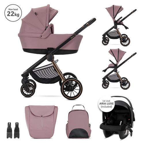 Carucior 3 in 1 Lorelli Bianca, cos landou individual, cosulet auto Aria Luxe inclus, cadru din aluminiu, pana la 22 kg, Roz