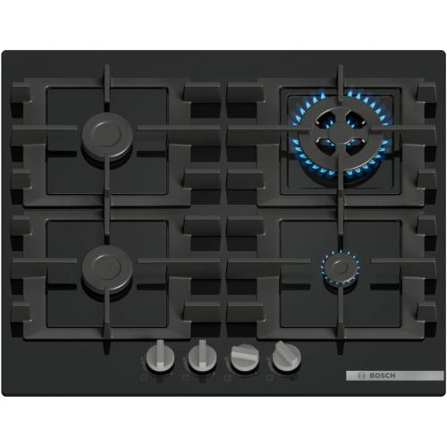 Plita incorporabila Bosch PNH6B6K40, Gaz, 4 arzatoare, Gratar fonta, Arazator Wok, 60 cm, Sticla (Negru)