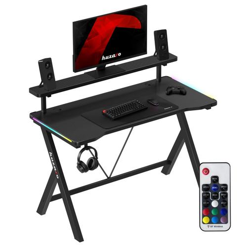 Birou Gaming Huzaro Hero 1.9 RGB, 120x60 cm, Iluminare LED integrata, 2 Porturi pentru cabluri, Pana la 75 kg (Negru)