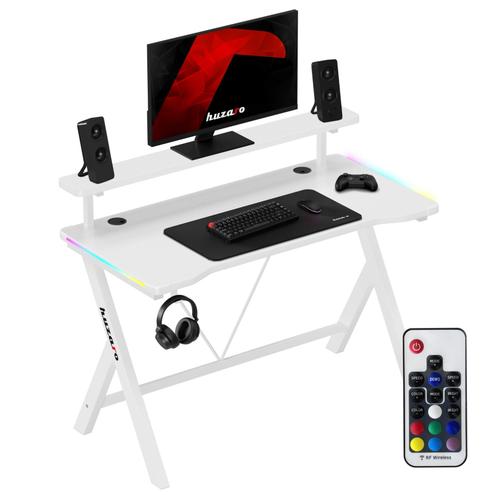 Birou Gaming Huzaro Hero 1.9 RGB, 120x60 cm, Iluminare LED integrata, 2 Porturi pentru cabluri, Pana la 75 kg (Alb)