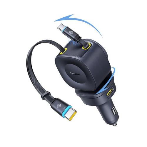 Incarcator auto Baseus PrimeTrip VR2 Max, 100 W, 1 x USB, 1 x USB Type-C, cablu integrat retractabil 2 x USB Type-C (Negru)