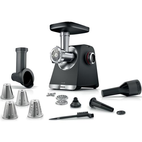 Masina de tocat Bosch MFWS640B, 2100W, 3.5kg/ min, 3 site, palnie carnati, accesoriu pt kebbe, 4 accesorii de tocare, cutit cu 2 taisuri (Negru)