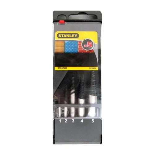Set de 5 extractoare de suruburi, de Ø1-2-3-4-5mm STA57000-QZ Stanley 1mm: diametrul 2.5mm M3-6 1/8-1/4. 2mm: diametrul 3 M6-8 1/4-5/16. 3mm: diametrul 5 M8-12 6/16-7/16. 4mm: diametrul 5.5 M11-14 7/16-9/16. 5mm: diametrul 7.5 M14-18 9/16-3