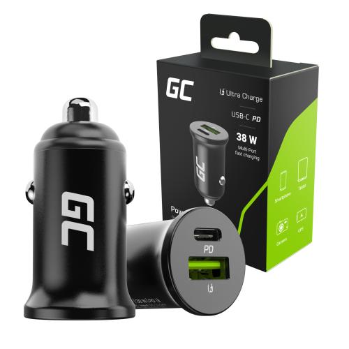 Incarcator Auto Green Cell PowerRide Nano, 38W, USB-C, USB-A, PD 3.0, Negru