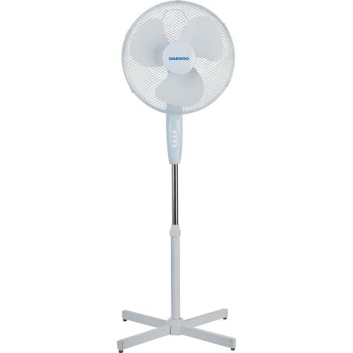 Ventilator cu picior Daewoo DVS1699V, putere 50 W, 40 cm diametru, trei trepte de putere, inaltime reglabila pana la 125 cm, gril frontal de protectie, oscilare la 90 grade, baza stabila (Alb)