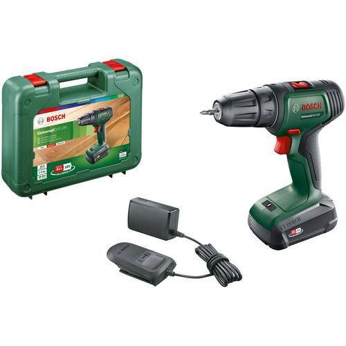 Masina de gaurit si insurubat  pe acumulator Bosch UniversalDrill 06039D4001, 18 V, 1.5 Ah, 1450 RPM, 23/32 Nm, 30 mm diametru maxim gaurire, acumulator, incarcator, cap surubelnita dublu, valiza profesionala