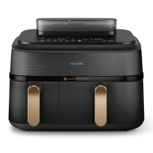 Friteuza dubla cu aer cald si abur Philips Airfryer Seria 5000 NA552/00, 9 l, 1.4 kg, 2750 W, 2 cosuri de gatit, Timer 60 minute, 12 programe, Control touch (Negru)