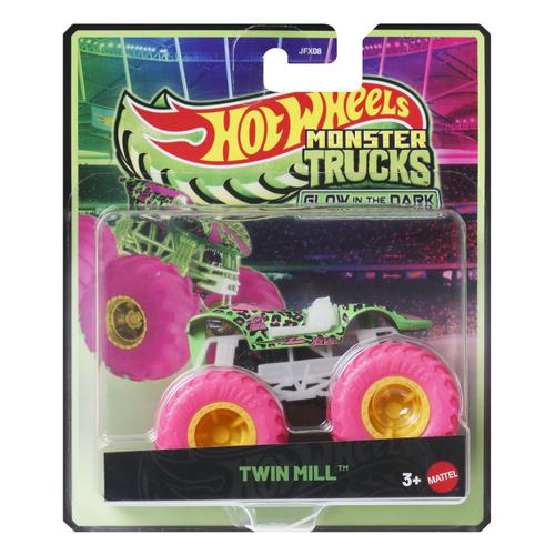 Masinuta Hot Wheels Monster Truck Glow in The Dark Twin Mill, Scara 1 la 64