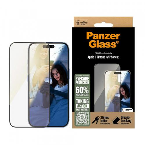 Folie de protectie Ecran PanzerGlass Ultra-Wide Fit EyeCare pentru Apple iPhone 16 / 15, Sticla Securizata, Full Glue