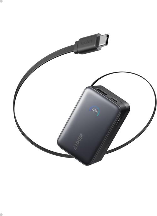 Acumulator extern Anker Nano 10.000 mAh, 45W, cu cablu USB-C InstaCord retractabil (Negru)