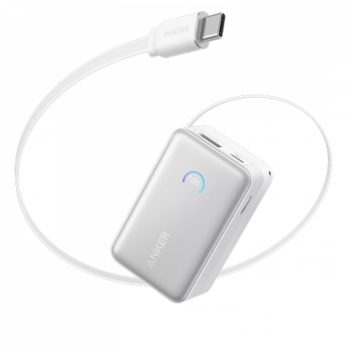 Acumulator extern Anker Nano, 10.000 mAh A1638H21, 45 W, cu cablu USB-C InstaCord retractabil (Alb)