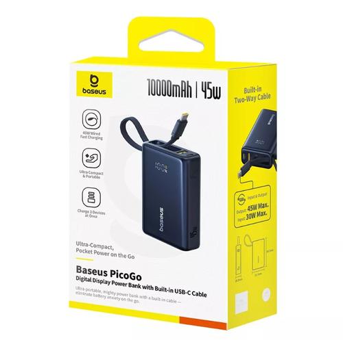 Baterie externa Baseus PicoGo P10076803123-00, 10000mAh, Digital Display, cu cablu incorporat USB-C (Negru)