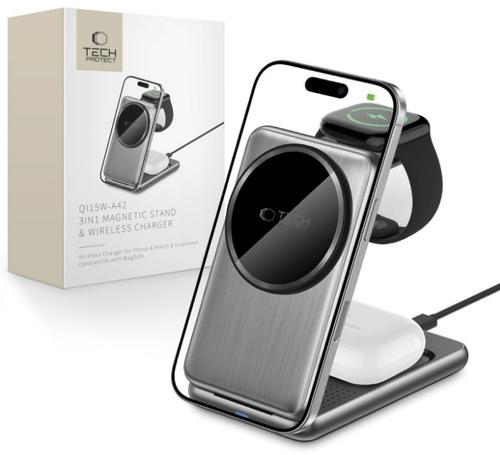 Incarcator Retea Wireless Tech-Protect QI15W-A42 3in1, 15W, 1.67A, Gri