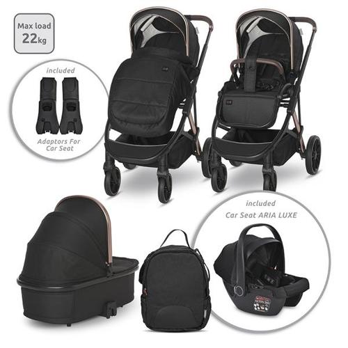 Carucior 3 in 1 Lorelli Aria, cosulet auto Aria Luxe 40-87 cm inclus, accesorii incluse, 0 - 22 kg, Negru