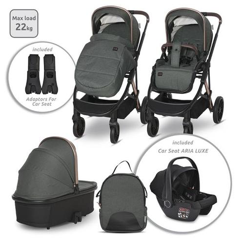 Carucior 3 in 1 Lorelli Aria, cosulet auto Aria Luxe 40-87 cm inclus, accesorii incluse, 0 - 22 kg, Verde