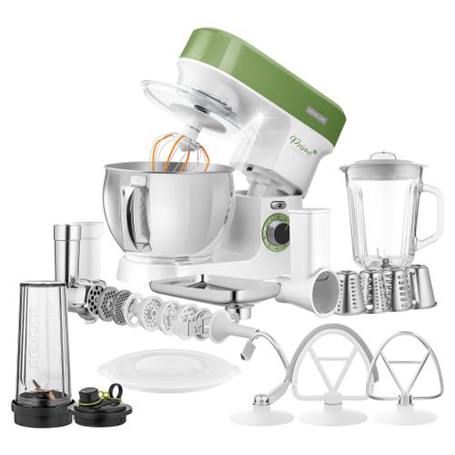Robot de bucatarie Sencor STM3780GG, 1200 W, Bol inox 5 l, 6 viteze, Puls si 2 Programe NutriSmart, Blender, Masina de tocat (Alb/Verde)
