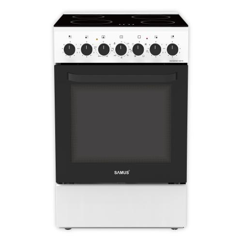 Aragaz Samus SM668VME, Electric, 4 zone de gatit vitroceramice, 60 l, Timer mecanic, Termostat reglabil, 7 functii cuptor (Alb)