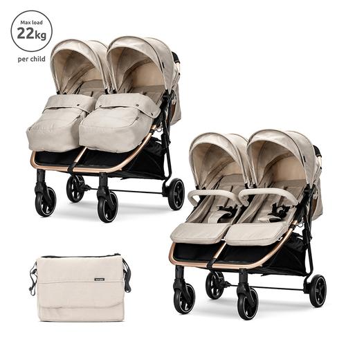 Carucior pentru gemeni Lorelli Duo, pana la 22 kg per copil, cadru din aluminiu, spatar reglabil pozitii multiple, geanta  inclusa, Bej