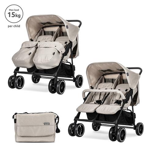 Carucior pentru gemeni Lorelli Twin, reglabil individual, pana la 15 kg per copil, geanta inclusa, Bej