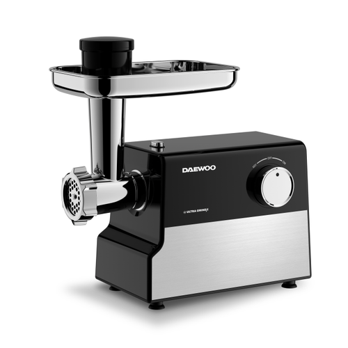 Masina de tocat carne Daewoo DMG2000DC, 2000 W, 2.5 kg/minut, 3 discuri de taiere, accesorii suc de rosii+carnati, lama taiere din inox, functie reverse, clasa de protectie l (Negru/Argintiu)