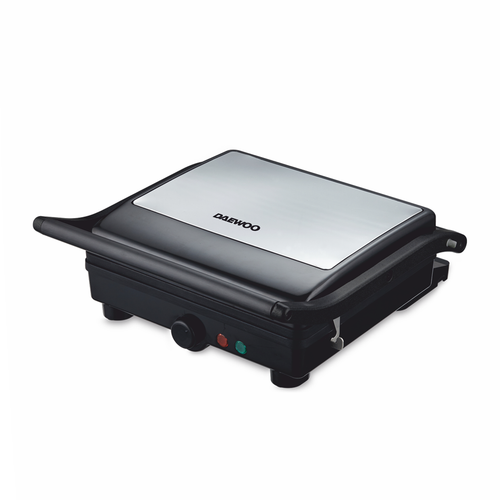 Grill electric Daewoo DG2000X, 2000W, capac si maner din inox, indicatori luminosi, buton pornire/oprire, termostat reglabil, deschidere placi la 180° (Inox)