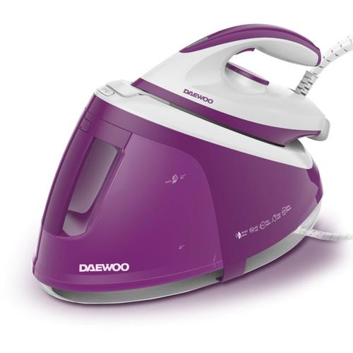 Statie de calcat cu cu aburi Daewoo, 2400W, Rezervor 1800 ml, Ralpa ceramica, Jet abur 240 g/min, Debit abur continuu 120 g/min, Abur vertical, Sistem anti-calcar, mod Eco, spatiu depozitare cablu, oprire automata (Alb/Violet)