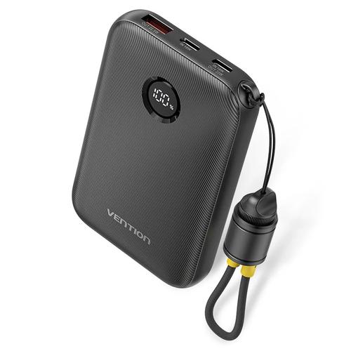 Acumulator extern Vention FKAB0-C, 10000 mAh, 22.5 W, 1x USB, 2x USB-C, Cablu integrat USB-C la USB-C (Negru)