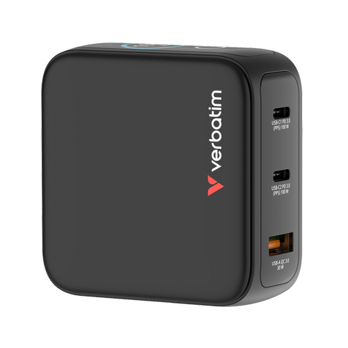 Incarcator retea mini GaN Verbatim 30239, 100W, Display, 2x USB-C PD 3.0/1x USB-A QC 3.0 (Negru)
