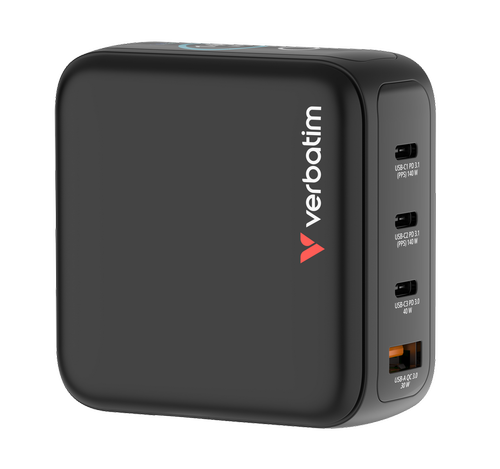 Incarcator retea mini GaN Verbatim 30240, 140W, Display, 2x USB-C PD 3.0, 1x USB-A QC 3.0 (Negru)
