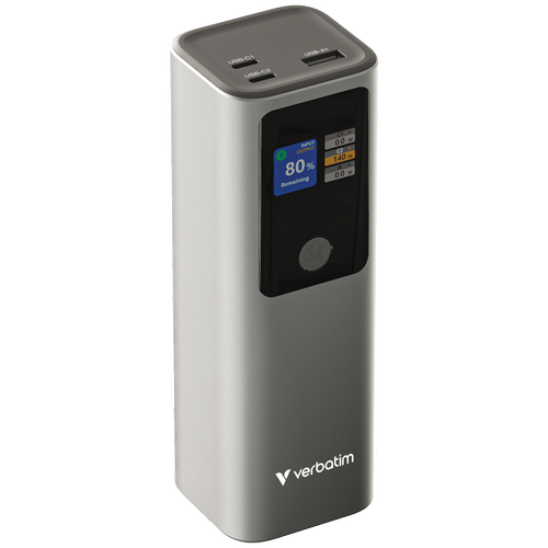 Acumulator extern Verbatim Charge'n'Go 32269, 27.000mAh, 183 W Max, USB-C1/C2 PD pana la 140W 3.1, USB-A QC 3.0 18W, Disply TFT (Gri)