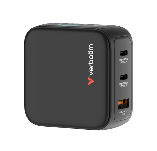 Incarcator retea mini GaN Verbatim 30238, 65W, Display, 2x USB-C PD 3.0, 1x USB-A QC 3.0 (Negru)