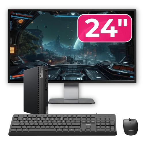 Pachet Mini PC refurbished Lenovo ThinkCentre M70q, Intel Pentium Gold G6400T 3.40GHz, 8GB DDR4, 256GB SSD NVMe + Monitor 24" + cadou tastatura si mouse OptimX Pro KM500